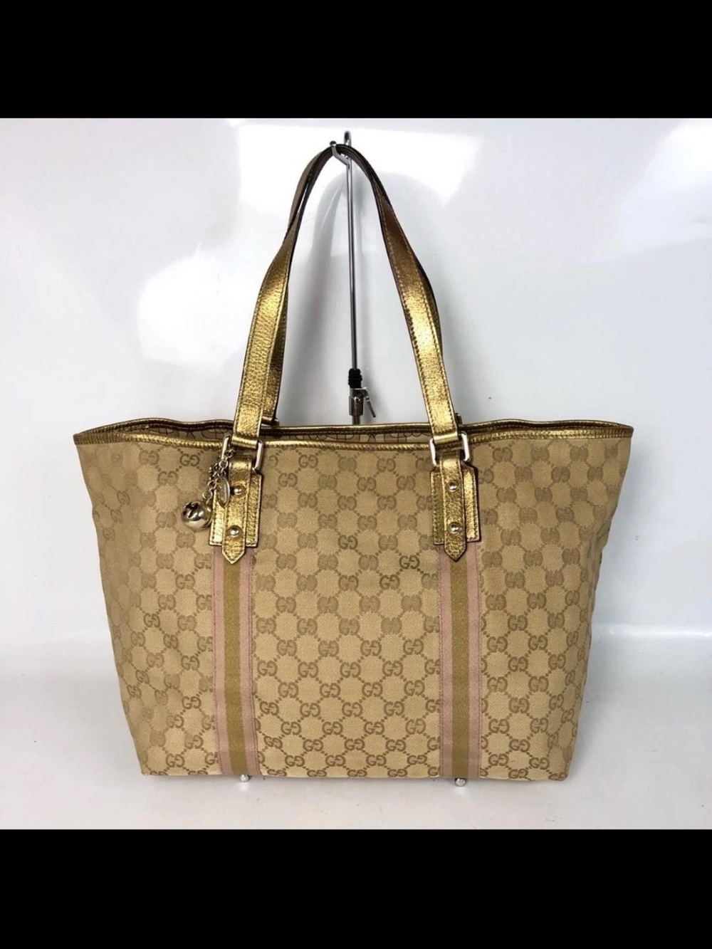 Gucci Beige Monogram Tote with Gold Handles and Pink Stripe